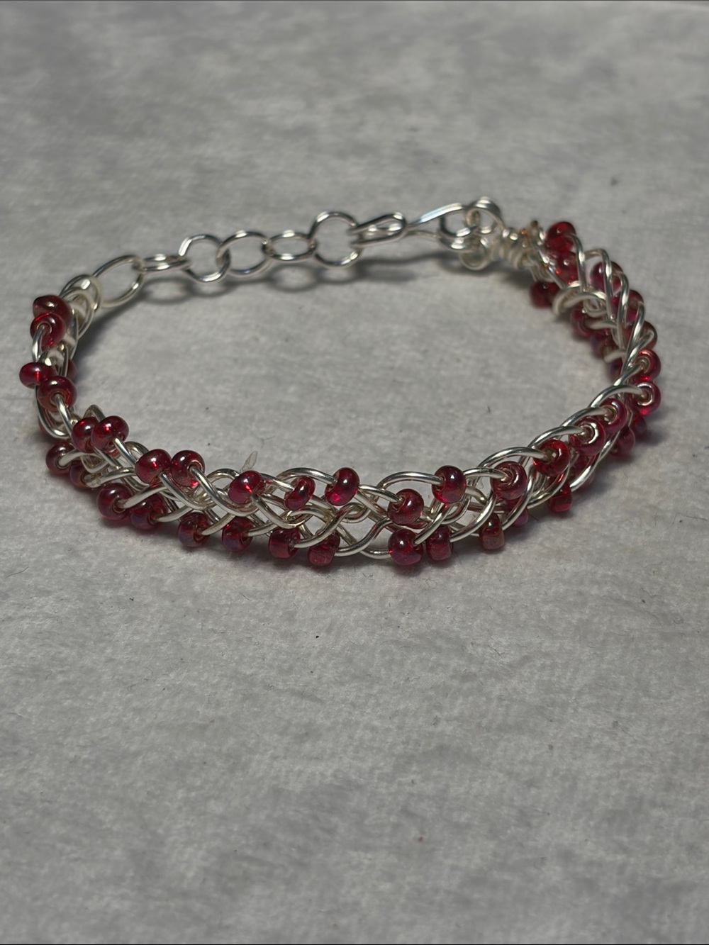 Silver Wire Bracelet with Red Glass Beads